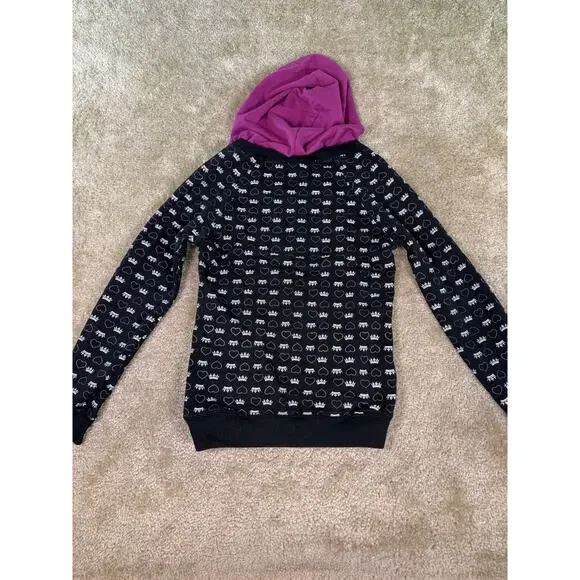 Big Flirt Y2K Black Pink Heart Crown Print Full Zip Hoodie Sweatshirt SZ S E259 - Picture 9 of 12